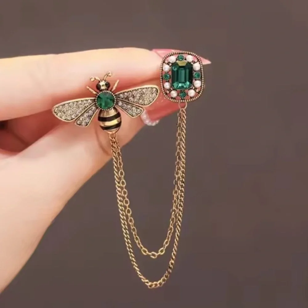 Vintage Bee Crystal Chain Brooch | Green Gem Lapel Pin | Elegant Gold Accessory